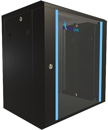 Extralink Serverschrank 19 Zoll 12HE – Netzwerkschrank 450mm Tiefe zur Wand- oder Standmontage, Traglast 60 kg, gehärtete Glastür, abschließbar 180° Öffnung, schwarz – für Heimnetzwerk & IT-Geräte