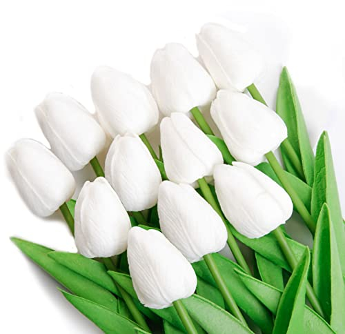 Cosswe Artificial Tulips, 12pcs Faux Flowers Bouquet Fake Flower Tulip White tulips bunch for Home Room Decoration Wedding DIY Decor