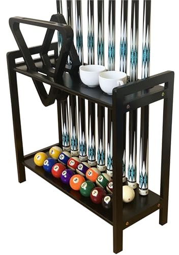 GACCO BILLIARDS Pool Stick Holder Floor Stand Holds 9 Cues & Pool Table Accessories. Wooden 2-Tier Cue Stick Rack with Ball Rack Hangers, Cone Chalk Holder or Drink Pads (2IN1-BLACK)