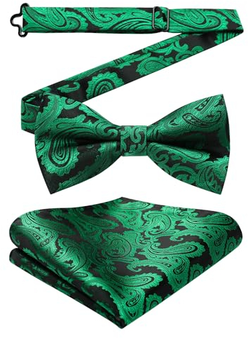 HISDERN Grün Fliege Herren mit Einstecktuch Set Einfarbig Verstellbar Vorgebundene Paisley Fliege fur Smoking,Hochzeit...