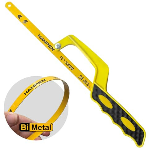 Hanpex Mini Hacksaw, Compact Hand Operate Aluminum Hack Saw with 12 Inch Flexible Bi-Metal Hacksaw Blade – Small Cutting Saw for Metal and Wood