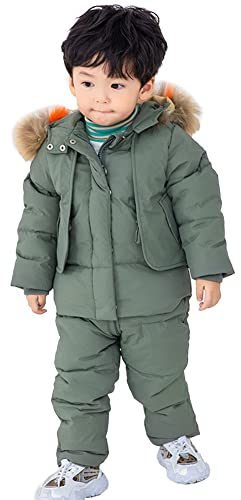 L SERVER Combinaisons de Neige Garçon Chaude Ensemble Doudoune Fille Veste de Ski + Pantalon Coupe-vent Hiver Combinaison de Ski avec Capuche à Col en Fourrure, Vert Haricot, 1-2 ans