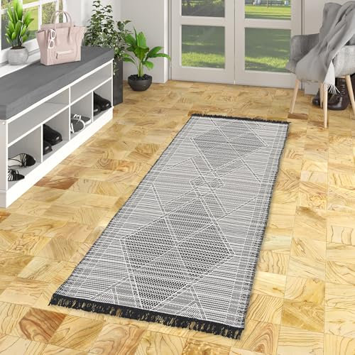 Pergamon Läufer Beidseitig Teppich Ethno Kelim Schwarz Weiss Meliert, Teppich Läufer, Küchenläufer, Teppich Pflegeleicht und Waschbar in 5 Größen