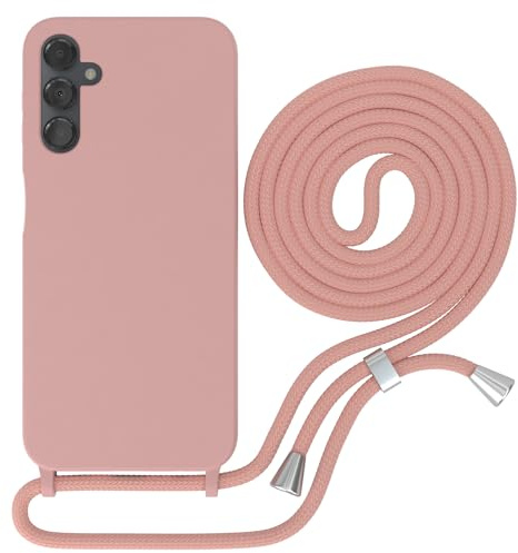 EAZY CASE - Schutzhülle mit Handykette - kompatibel mit Samsung Galaxy A14 5G Kameraschutz und Bildschirmschutz, TPU Silikon Bumper, in Kombi Alt Rosa mit Handyband Alt Rosa Clips Silber
