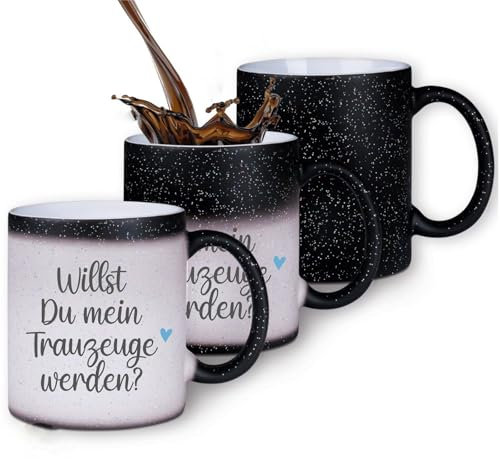 Zaubertasse Willst Du mein Trauzeuge werden? - Farbwechseltasse mit Glitzerpartikeln - Magic-Thermo-Effekt