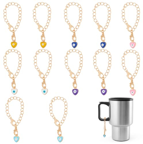 WEBEEDY 12 Sets Evil Eye Water Bottle Charms for Wine Glasses Common Cups with Handle, Heart Enamel Charms Marker Tag for Office Home Birthday Parties, Golden