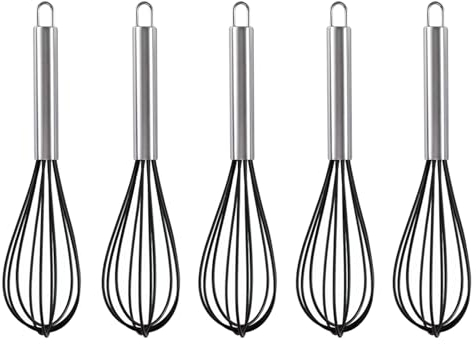 Luojuny Spülmaschinenfester Schneebesen, praktisch zum Aufhängen, 1/5 Stück Silikon-Edelstahlgriff, ergonomisches Design mit Loch, Schneebesen für die Küche Schwarz 5pcs