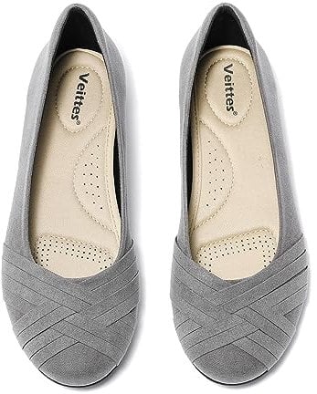 Veittes Women's Wide Width Flats Shoes - Classic Round Toe Slip-on Fashionable Ballet Shoes.(2109002-2310,GR/MF,UK9.5 Wide)