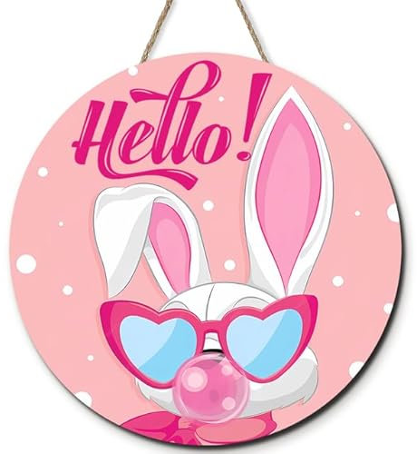Horienteeon Holzschild Happy Easter, 28 cm, rosa Hase, Hello-Schild, Türdekoration, rustikales Oster-Holzkranzschild für Ostern, Frühling, Urlaub, Zuhause, Café, Bäckerei, Bauernhaus, Fenster