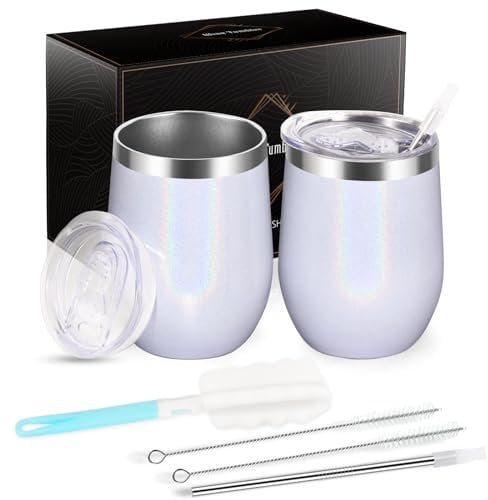 Joymaking 12oz Reusable Coffee Cup, 2 Pack Double Walled -Insulated Travel Mug Vacuum Stainless Steel Wine Tumbler with Spill Proof Lid, Great for Coffee, Tea, Milk and Wine, White Rainbow
