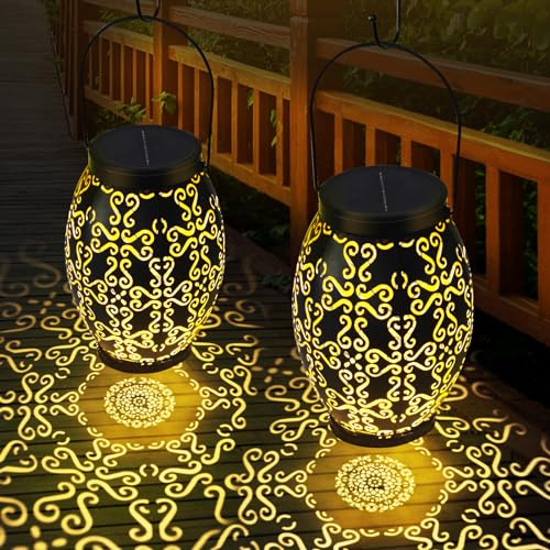 YIFMOO Solarlaterne für Außen, 2 Stück LED Solar Leuchten Draußen Wetterfest, IP65 Wasserdichte Solarlampen können Hängen/Stehend, VintageMetall-Laterne für Gartendeko, Balkon, Baum, Terrassen