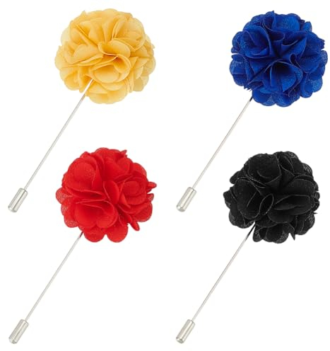 FINGERINSPIRE 4 Stück Blumen Anstecknadeln Für Herren Schwarz Rot Gelb Blau Boutonniere Anstecknadel Aus Polyester Blumenbrosche Für Herren Anzug Boutonniere Brosche Für Männer Bräutigam Hochzeit