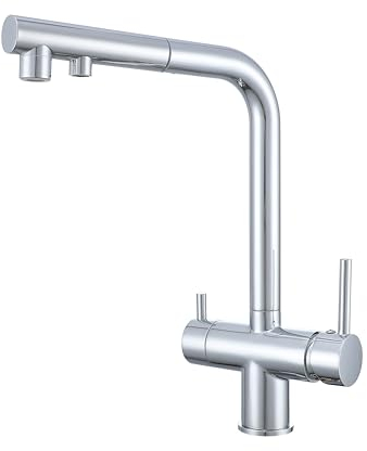 3 Wege Wasserhahn Küchenarmatur Mit Brause Ausziehbar, 360° Drehbar Küchenarmatur, Drei Wege Mischbatterie Für Wasserfilter,Trinkwasserhahn Mit 2 Hebel,drei Wege Wasserhahn (chrome)