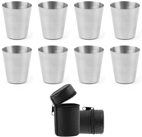 ANNASAMDO 8 Stück Shotgläser Set aus Edelstahl, 30ml Tragbare Schnapsgläser mit 2 Leder-Taschen für Outdoor, Camping, Picknick