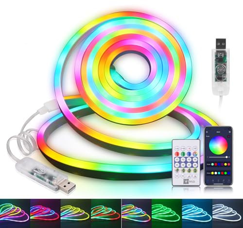 5V WS2812B RGB USB Neon LED Streifen, 33 LEDs/m IP67 wasserdichte Neon Led strip mit 24-Tasten IR Bluetooth Musik Controller für TV, DIY, Raum und Außendekoration Dekoration.
