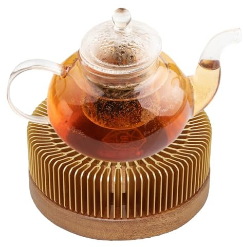 Tuxxjzm Chauffe-théière pour théière - Théière de luxe champagne dorée avec base de chauffage et de chaleur - Socle stable en bois de noyer massif - Chauffe-boisson en alliage d'aluminium pour