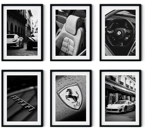MJ-GRAPHICS® - Mood Poster Set Ferrari Vintage - Wohnzimmer Deko Schlafzimmer Büro Kinderzimmer - Ferrari-Liebhaber Wandposter - 6xA4 Art Kunstdruck - Oldtimer, Mode Fashion, Vintage - ohne Rahmen