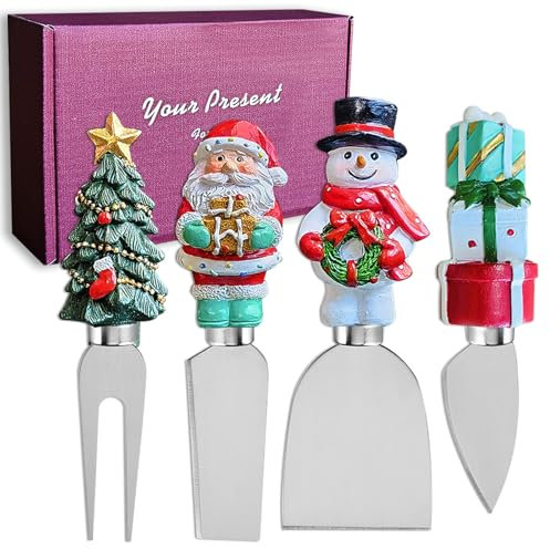 YUANQIAN 4-Piece Set with Christmas Resin Handles Cheese Knives, Xmas Charm for Charcuterie Board Tools