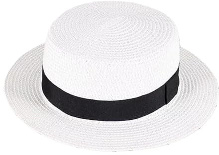 Sombrero de paja transpirable para mujer, de ala grande, para playa, verano, navegante, playa, sombrero redondo plano (blanco)