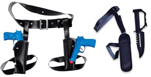 Two Piece Holster Set - Black Twin Thigh Holster Set with Guns & Ankle holster with Knife - Perfect Toy Weapons for Lara Croft Fancy Dress, Film & TV, Historical, World Book Day, Cosplay & Parties