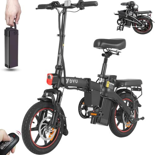 DYU A5 Folding Electric Bike, 14 Portable Electric Bike with 48V 7.5AH Removable Battery, Adjustable Height Ebike with LCD Display, Remote Control, Dual Disc Brakes, Foldable E-bike for Adults/Teens