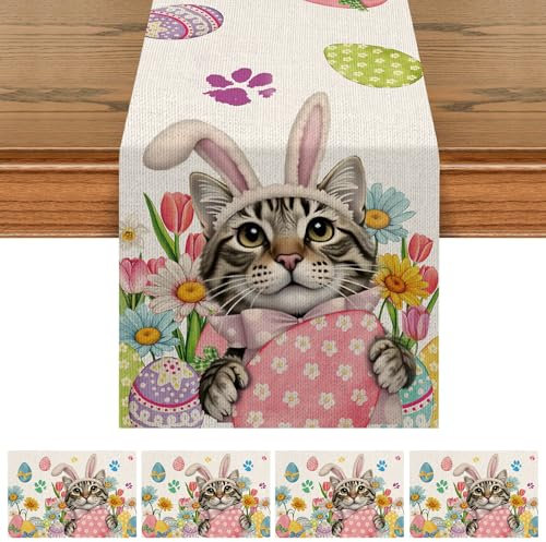 Tischläufer Ostern,Tischdecke Ostern mit 4 Tischset Ostern,Ostertischläufer Ostertischdecke Waschbar,Tischläufer Ostern Frühling,Osterdeko Tischläufer für Esstisch Party Dekoration (Katze,33 x 180 cm)