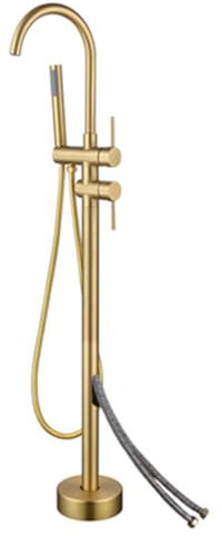 Mitigeur de baignoire autoportant en or brossé moderne avec rotation à 360 °, fixation au sol, connexion murale, eau chaude et froide, design élégant en laiton
