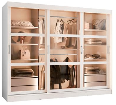 Mirjan24 Kleiderschrank Norlio mit glastüren, Schwebetürenschrank mit Rauchglas, Schiebetürenschrank mit einlegeböden und Stange, Garderobe (Weiß, mit LED Beleuchtung)