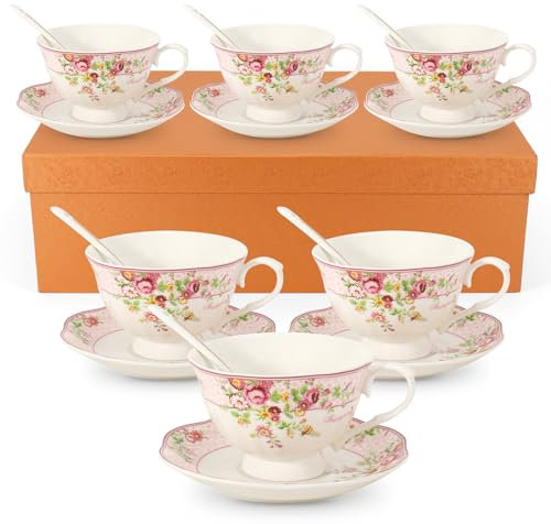 SWEDOU Cup and Saucer Sets of 6 with Spoon, 8oz 250ml Tea Cup Saucers Set New Bone China Floral Vintage Cup for Afternoon Party
