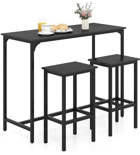 GIANTEX Table Haute Cuisine pour 3 Personnes, Mange Debout Rectangulaire, 2 Tabourets avec Repose-Pieds, Cadre en Métal, Style Industrielle pour Petit Espace, Salle à Manger, Restaurant (Noir)