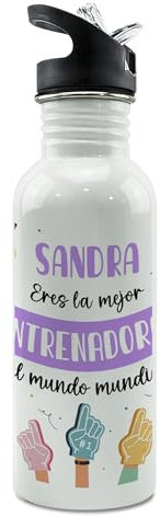 Garrafa agua. Botella personalizada. Botella agua. Cantimplora metálica. Water bottle. Regalos originales para mujer. Straw Stop 600ml. Entrenamiento futbol niños. Regalo entrenadora.
