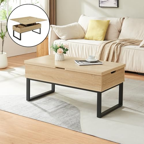 [en.casa] Couchtisch Rauli Wohnzimmertisch höhenverstellbar 100 x 50 x 47 cm Sofatisch Metallgestell mit 2 Hebeplatten und 3 Innenfächern Kaffeetisch rechteckig Eicheoptik