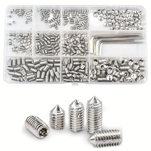 MZOYOURO 400 Pcs Cone Cup Point Grub Screws, tap grub screws M3/M4/M5/M6/M8 Hex Head Socket Screws Se Metric Screws with Allen Key For Door Handles,Faucet,Light