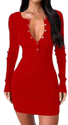 BONITEE Women Casual Sexy Long Sleeve Cocktail Bodycon Mini Sweater Dresses | Women Long Sleeve Sweater Dress 2026 Fall Sexy V Neck Button Down Bodycon Dresses Cocktail Party Knit Mini Dress