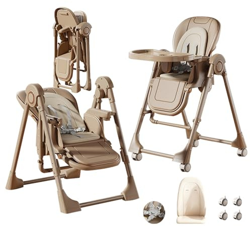 MoLi PU-Leder Hochstuhl, Hochstuhl mit Schaukelfunktion, Kinderhochstuhl der Sich in Einen Schaukelstuhl Verwandeln Lässt, Verstellbarer Sitz Hochstühle (X8121 Khaki)