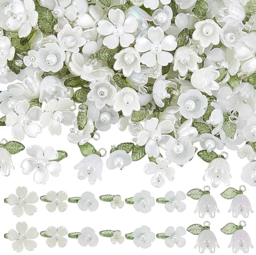 SUNNYCLUE 1 Schachtel 160 Stück 8 verschiedene Floridn Acryl Anhänger Lilien Anhänger Mit Blatt Elegante Weiße Floridn Anhänger Aus Acryl Für Schmuckherstellung DIY Ohrringe Armbänder Halsketten Baste