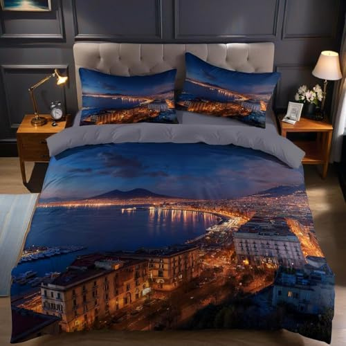 Bettwäsche 200x220 Italien Bettwäsche-Sets Nachtansicht Der Stadt Bettbezug Kuschelig Weich Mikrofaser 3D Druck Bettbezüge mit Reißverschluss + 2 Kissenbezüge 80x80 cm C-223