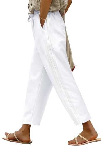 PASUDA Womens Trousers 7/8 Casual Cotton Pants Elasticated Waist Straight Leg Loose Fit Summer Trousers with Drawstring Pockets Wide Leg Palazzo Pants Beach Bottoms for Holiday (White, M)