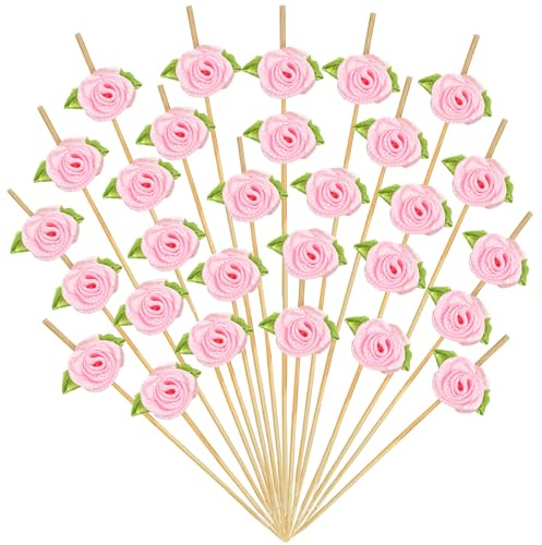 DIELOVEHUA 100 Piezas Palitos de Coctel Brochetas, Palillos de Cóctel de Flores, 12 cm Palillo para Brochetas de Frutas, para Fiestas de San Valentín, Fiestas de Cumpleaños y Bodas (Rosa)
