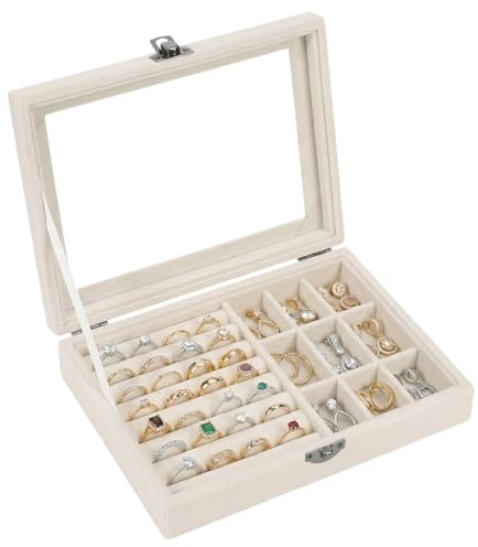 Rthynti 9 Grid Jewelry Storage Case, Velvet Jewellery Box for Ring Earring Necklace, Earrings Organizer with Clear Lid Lockable Jewellery Showcase for Rings