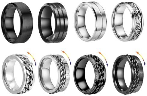 JENCVNL 8 Stück Edelstahl Herren Ring Spinner Ring Silber Schwarz Bandringe Flaschenöffner Ringe Ehering Coole Verlobungsringe für Männer Damen (10)