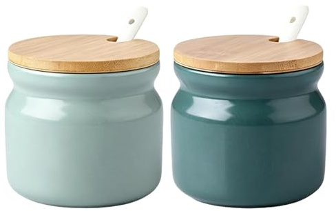 MFSKJELF 2 Set Ceramic Sugar Bowl, Seasoning Storage Jar with Lid and Spoon, Ceramic Jars for Coffee Bar and Home Kitchen(300ml)