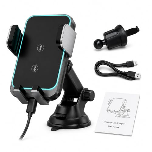 Car Phone Holder Wireless Charger, 15W Fast Charging Auto Clamping Car Charger Phone Mount Holder fit for Dash Windshield for iPhone 17 16 15 14 13 12 11 Pro Max, Galaxy S24+ and more