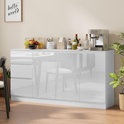 Wumagin Küchenschrank mit Arbeitsplatte, Hochglanz Sideboard Küche mit 3 Schubladen und 3 Türen, Sideboard für Küche, Wohnzimmer und Flur (Weiß)