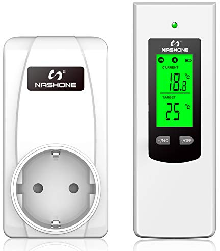 NASHONE Termostato Inalámbrico Digital Enchufe Control de Temperatura, Control Remoto con Sensor de Temperatura Integrado, Termostato Aplicaciones de Calefacción y Refrigeración. 3680W