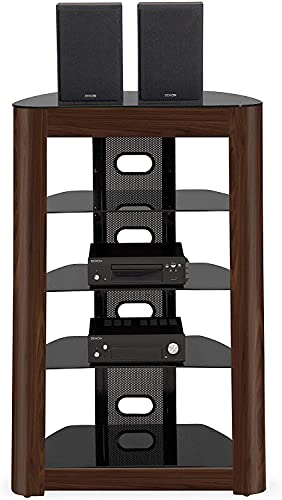 Homeology ZINNIA 5-Tier Walnut Fascia with Black Glass Shelves Entertainment Media Audio Rack