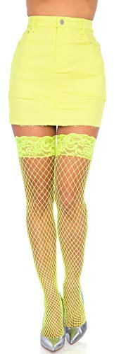 Leg Avenue Industrial Fishnet Thigh Highs with Stay Up Silicone Lace Top Collants, Neon Yellow, Taille Unique Femme