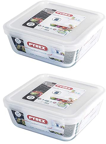 Pyrex Microwave Safe Classic Square Glass Dish with Plastic Lid 0.85 Litre White (Pack of 2)