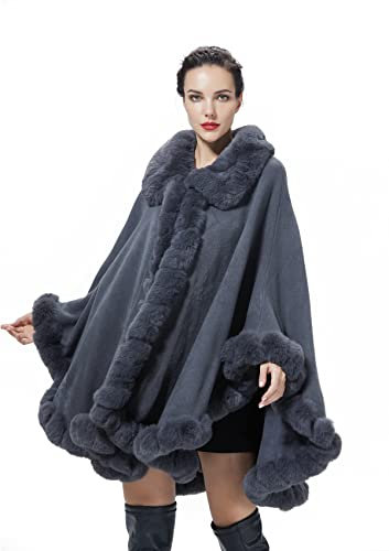 BEAUTELICATE Kunstpelz Poncho Cape Strick Damen Winter Kunstfell Schal Stola Cape Cardigan Warm mit Kragen für Hochzeit Zeremonie Festlich (Rauch Grau, Einheitsgröße)