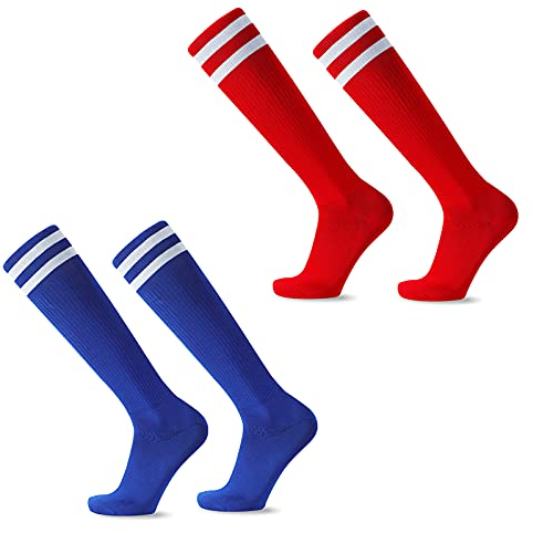 EQLEF Fußballsocken Kinder, Bequeme Dünne Kinder Fußballsocken Atmungsaktive, stylische Fußballsocken für Jungen und Mädchen von 6-10 Jahren (Rot/Blau)